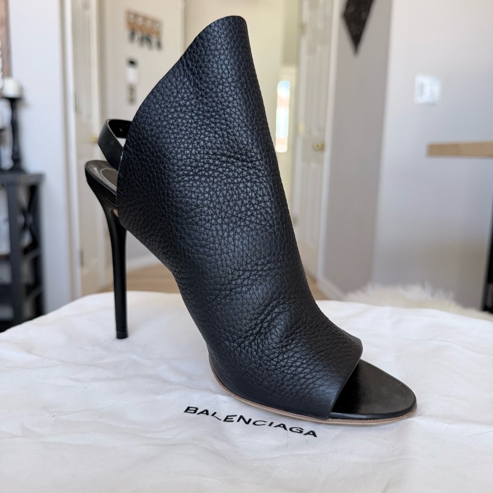 Balenciaga Black Textured Leather Open-Toe Stiletto Bootie — Draped Upper